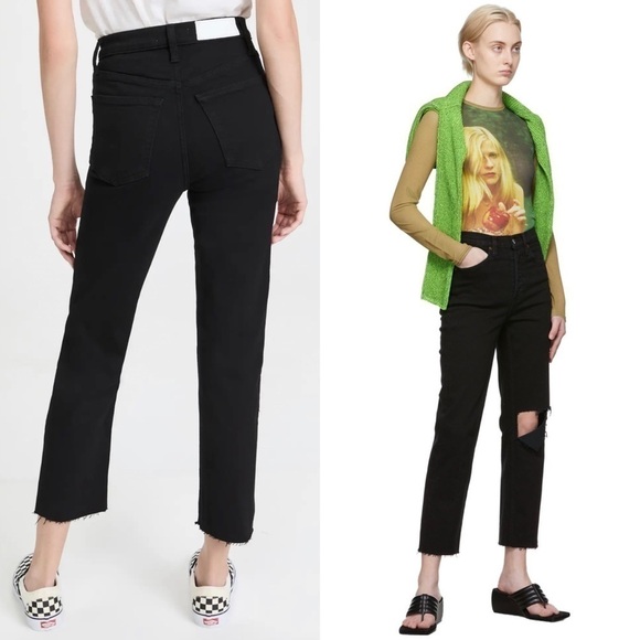 NWT RE/DONE 70s High Rise Rip Knee Raw Hem Ankle Crop Stovepipe Straight Jean 26 - Picture 3 of 13